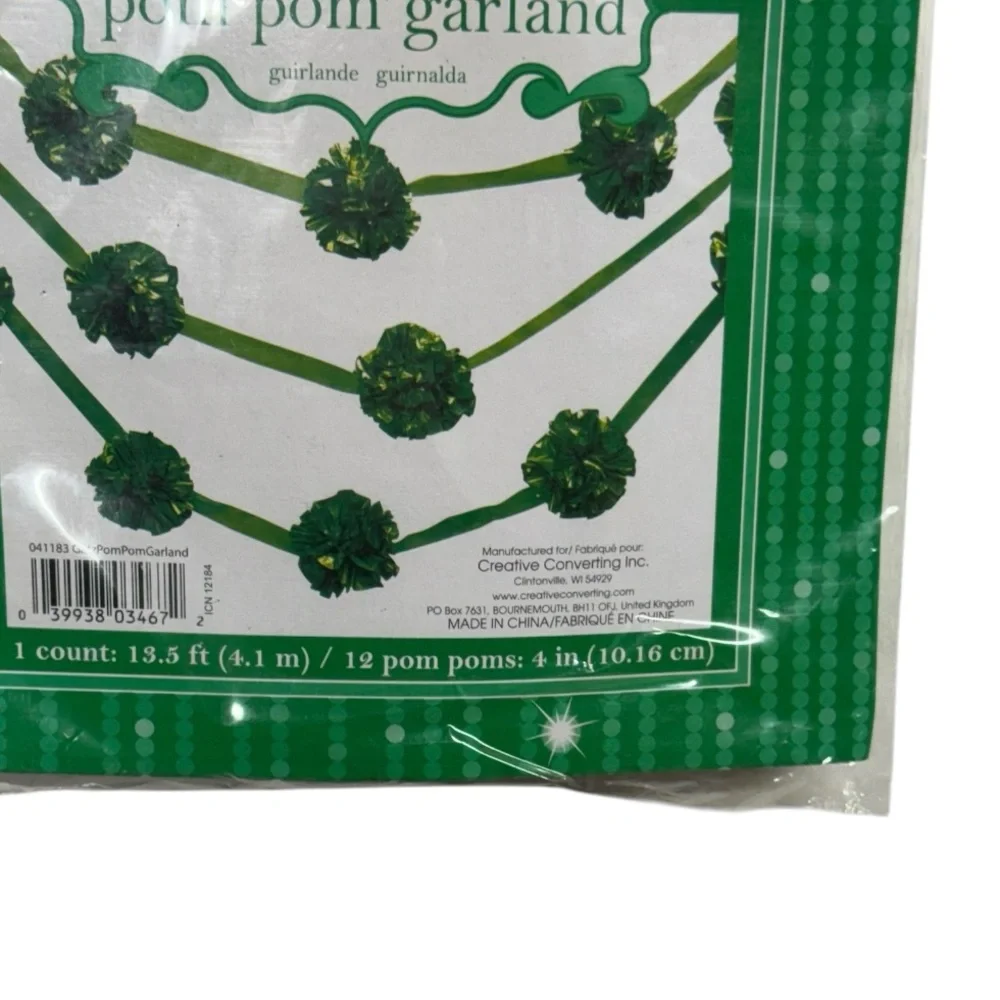 Creative converting green colored Pom Pom garland brand new in packaging!